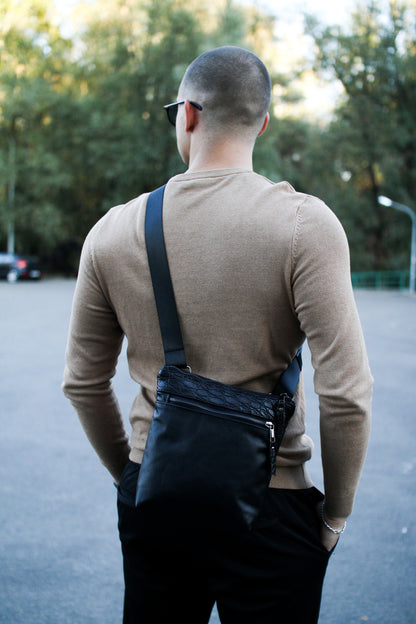 Handmade Genuine Leather Messenger Bag Mens Shoulder Bag Black Crocodile Leather Insert Gift for Him