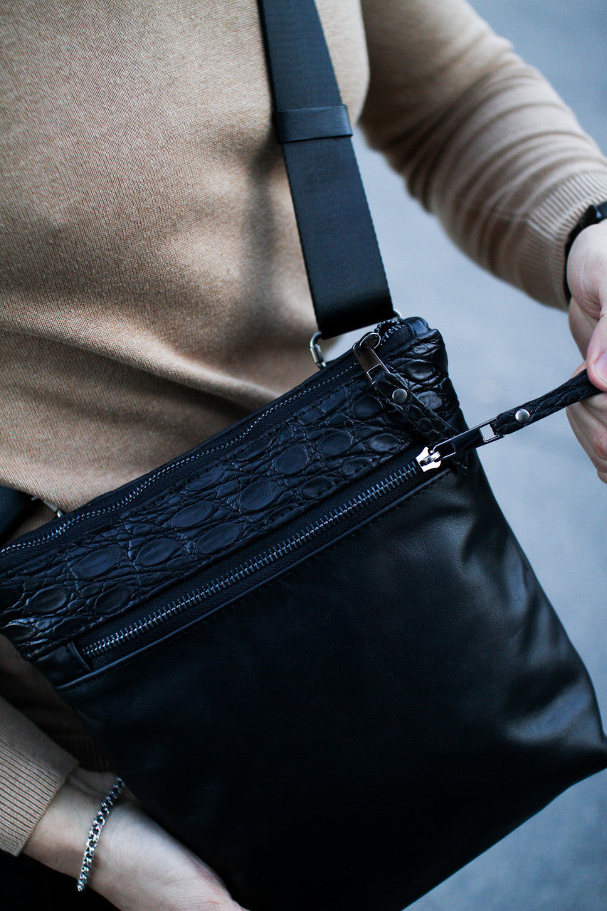 Handmade Genuine Leather Messenger Bag Mens Shoulder Bag Black Crocodile Leather Insert Gift for Him