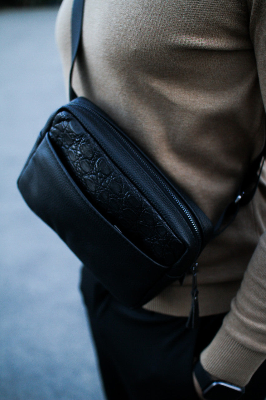 Handmade Genuine Leather Crossbody Bag Black Crocodile Leather Detail Belt Bag