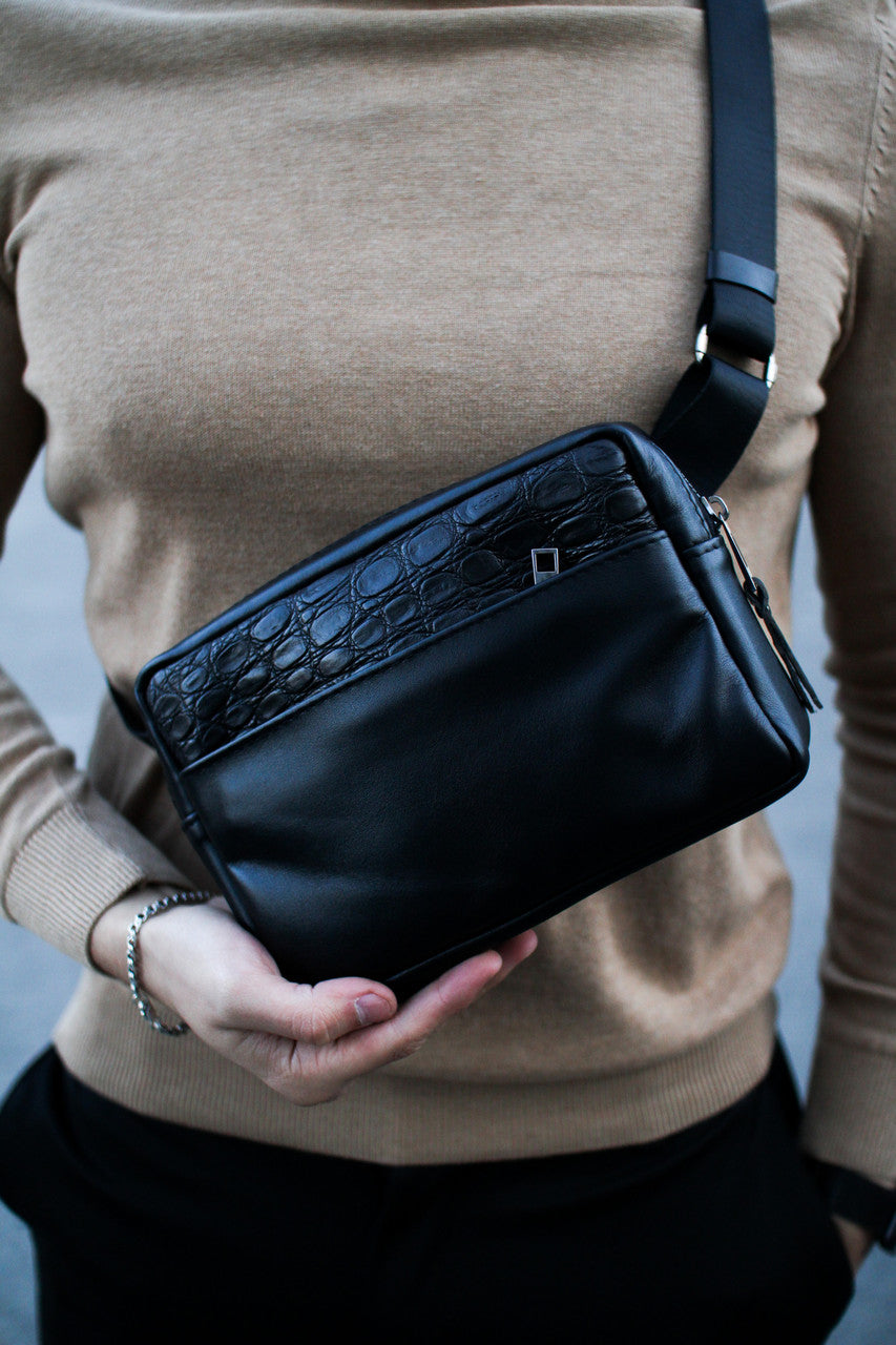Handmade Black Genuine Leather Crossbody Belt Bag with Crocodile Insert