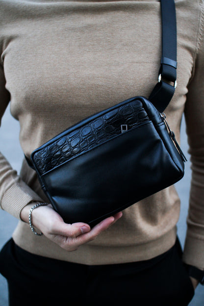 Handmade Black Genuine Leather Crossbody Belt Bag with Crocodile Insert