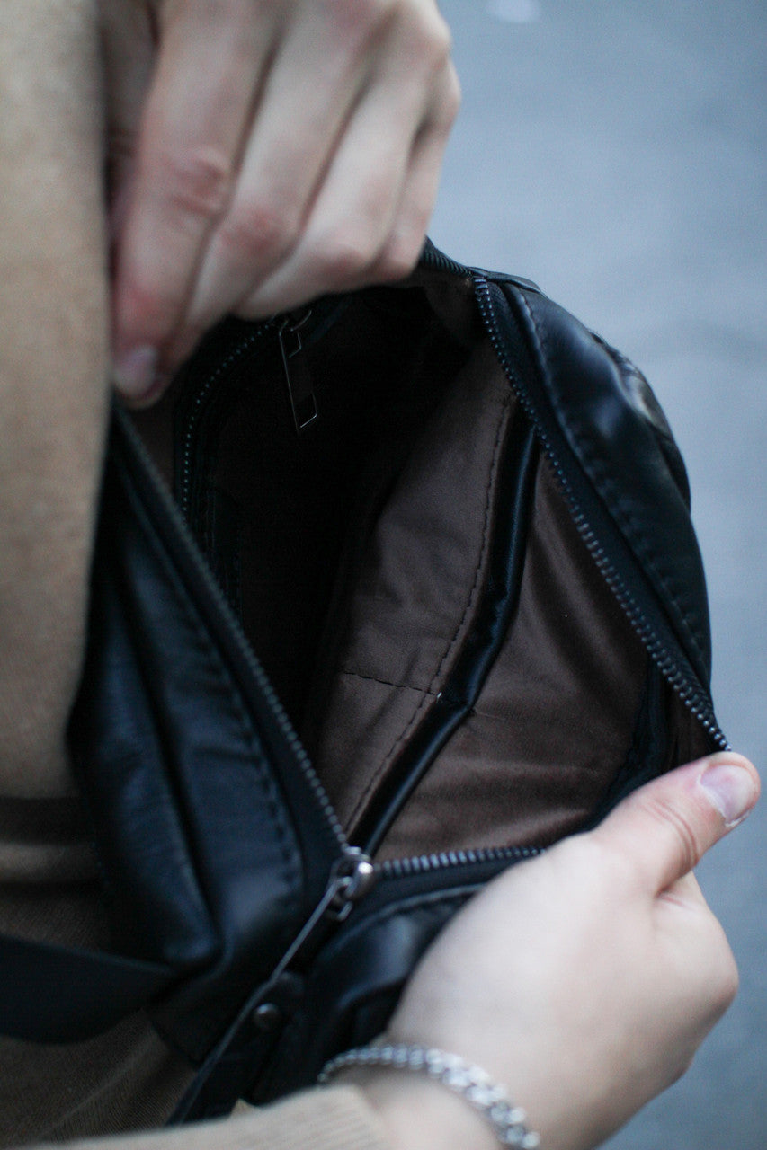 Handmade Black Genuine Leather Crossbody Belt Bag with Crocodile Insert Gift for Him