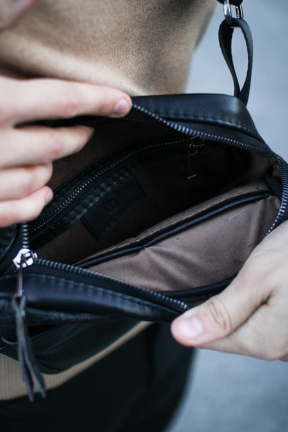 Handmade Black Genuine Leather Crossbody Belt Bag with Crocodile Insert Gift for Him