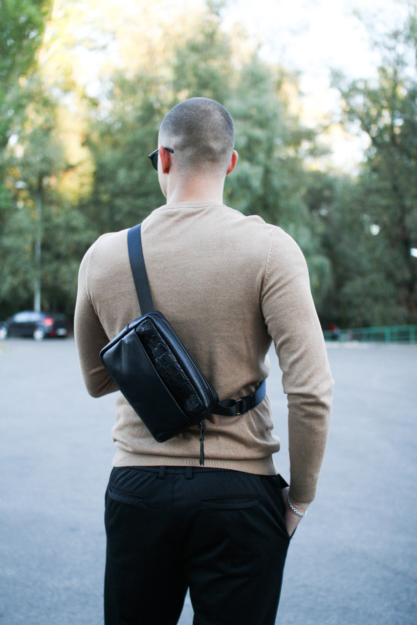 Handmade Black Genuine Leather Crossbody Belt Bag with Crocodile Insert Gift for Him