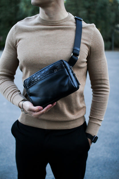 Handmade Black Genuine Leather Crossbody Belt Bag with Crocodile Insert Gift for Him