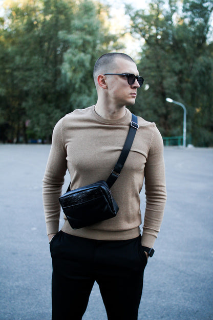 Handmade Black Genuine Leather Crossbody Belt Bag with Crocodile Insert Gift for Him