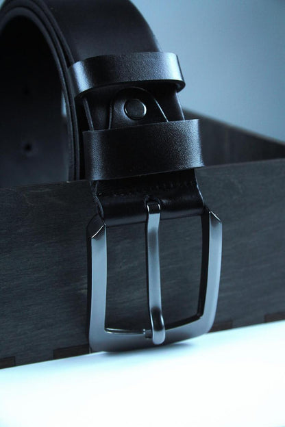 Handmade Mens Black Genuine Calf Leather Belt with Metal Buckle Gift for Him