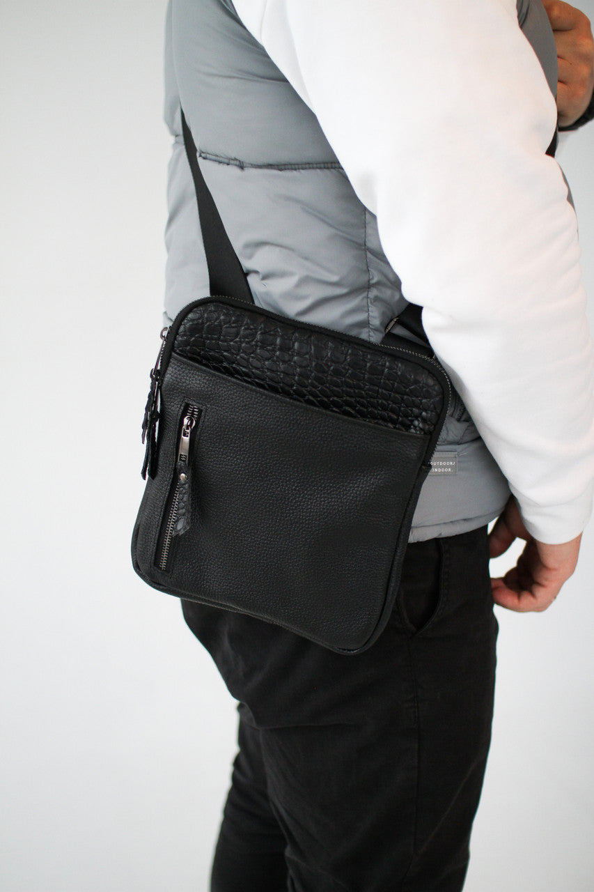 Mens handmade leather crossbody bag black crocodile insert