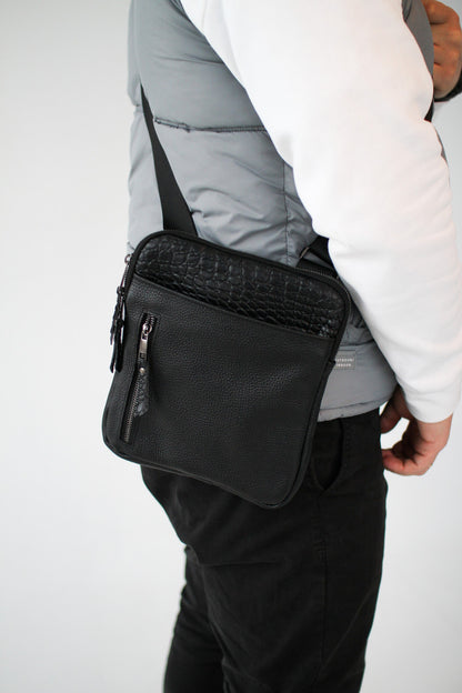 Mens handmade leather crossbody bag black crocodile insert