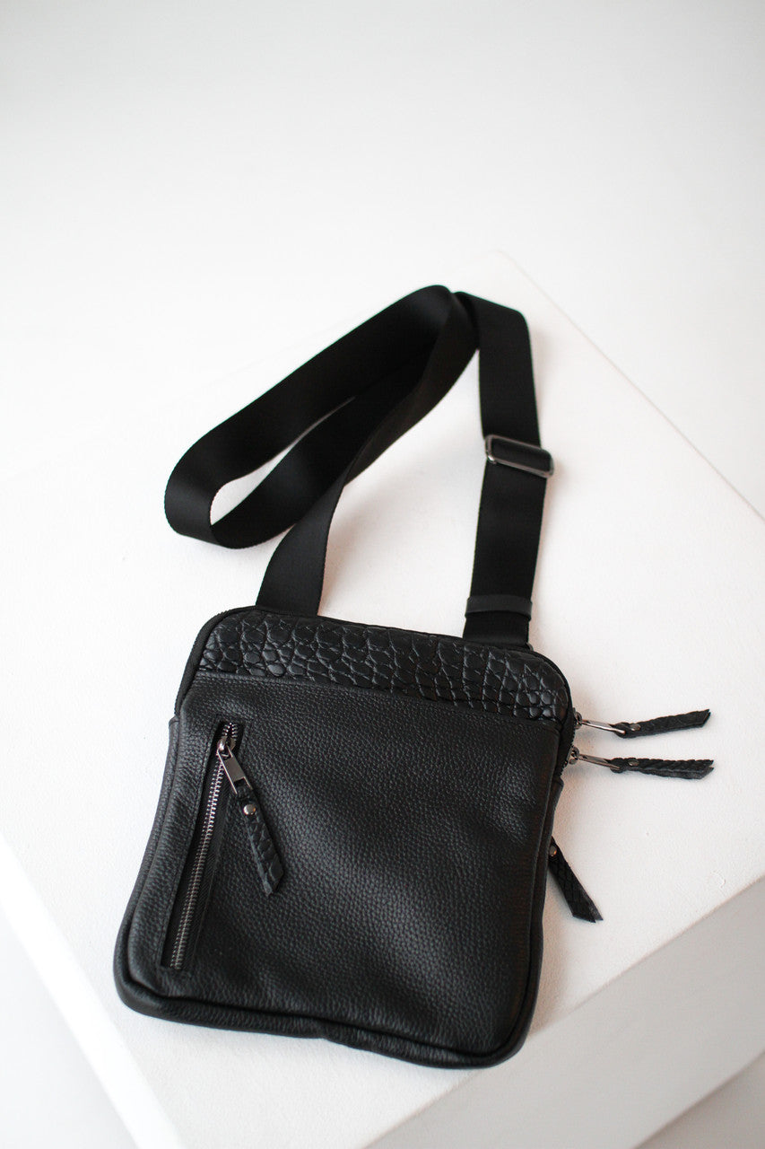 Mens handmade leather crossbody bag black crocodile insert Gift for Him