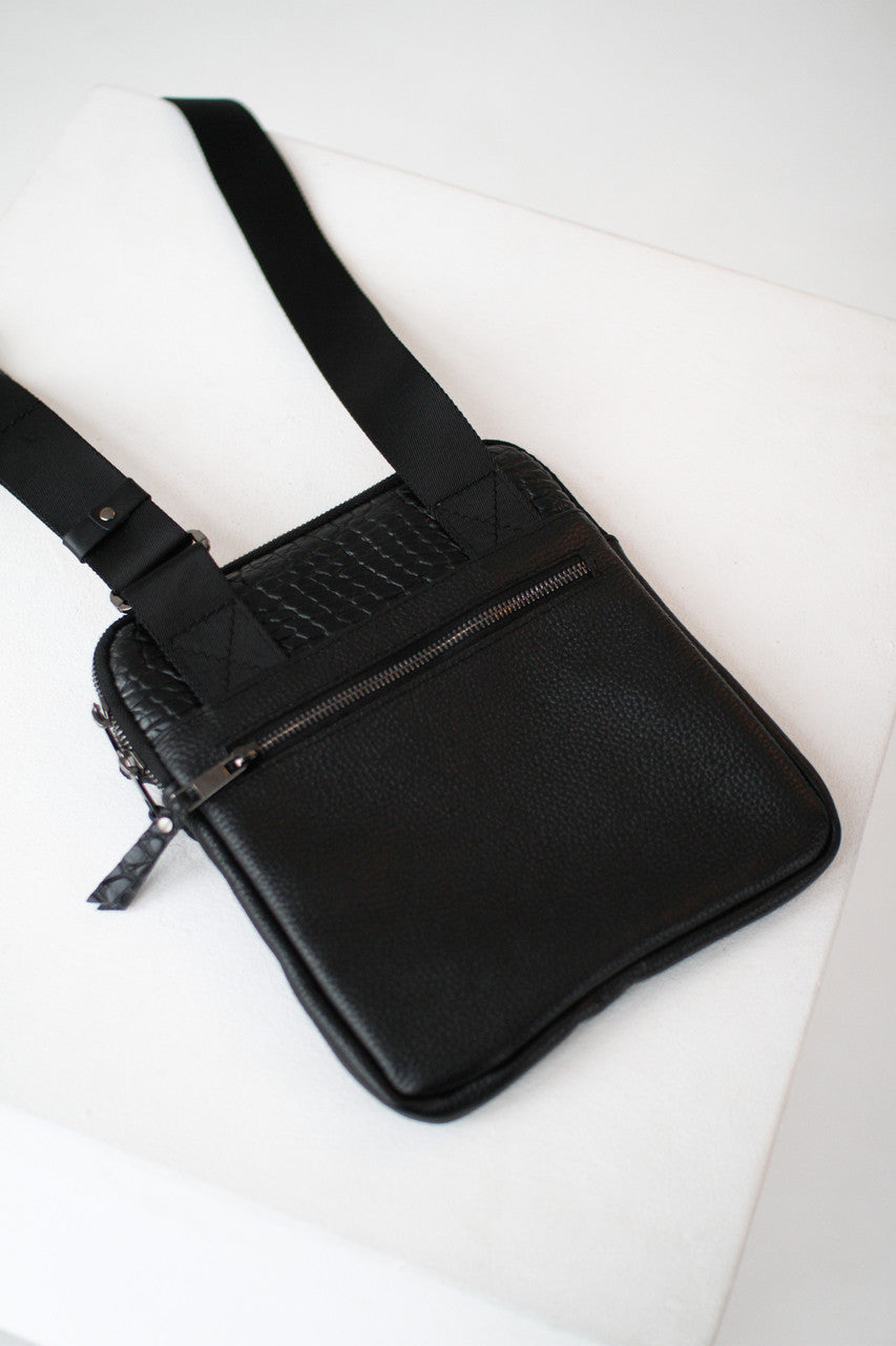 Mens handmade leather crossbody bag black crocodile insert Gift for Him
