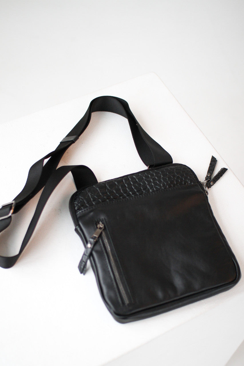 Handmade Mens Black Leather Crossbody Bag Crocodile Leather Insert