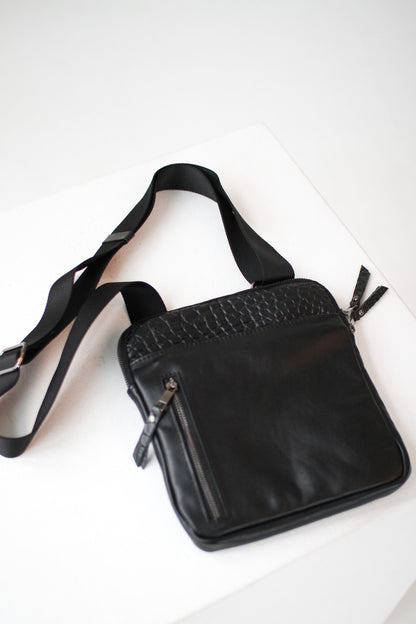 Handmade Mens Black Leather Crossbody Bag Crocodile Leather Insert