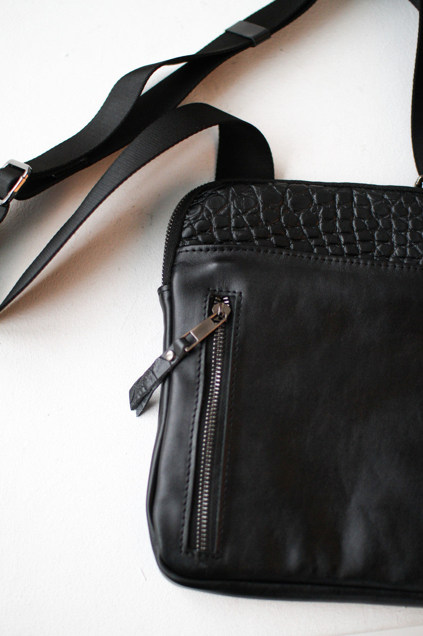 Handmade Mens Black Leather Crossbody Bag Crocodile Leather Insert Gift for Him