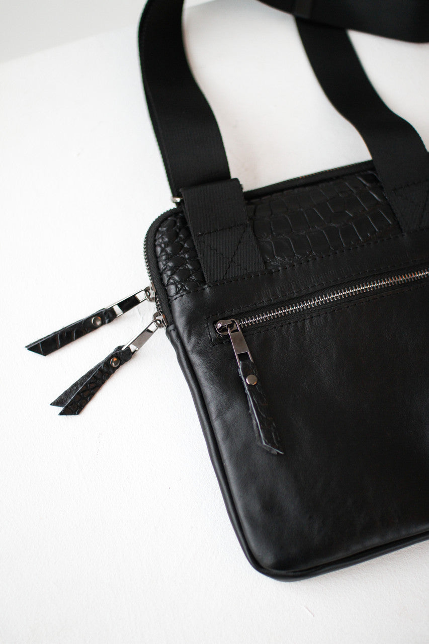 Handmade Mens Black Leather Crossbody Bag Crocodile Leather Insert Gift for Him
