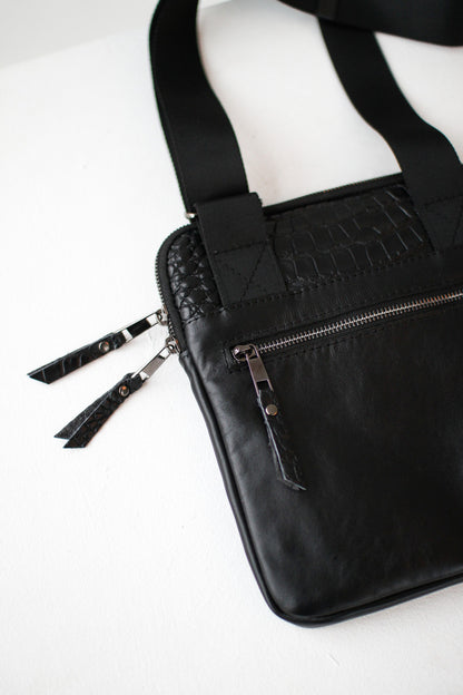 Handmade Mens Black Leather Crossbody Bag Crocodile Leather Insert Gift for Him