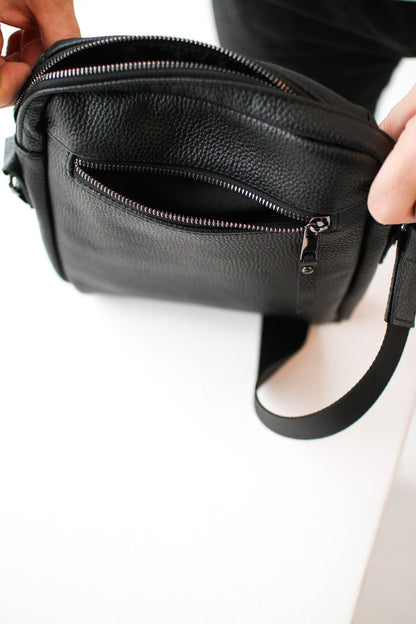 Handmade Mens Leather Messenger Bag Black Classic Crossbody Gift for Him