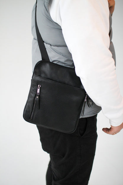 Handmade Mens Leather Crossbody Bag Black Classic Messenger Design
