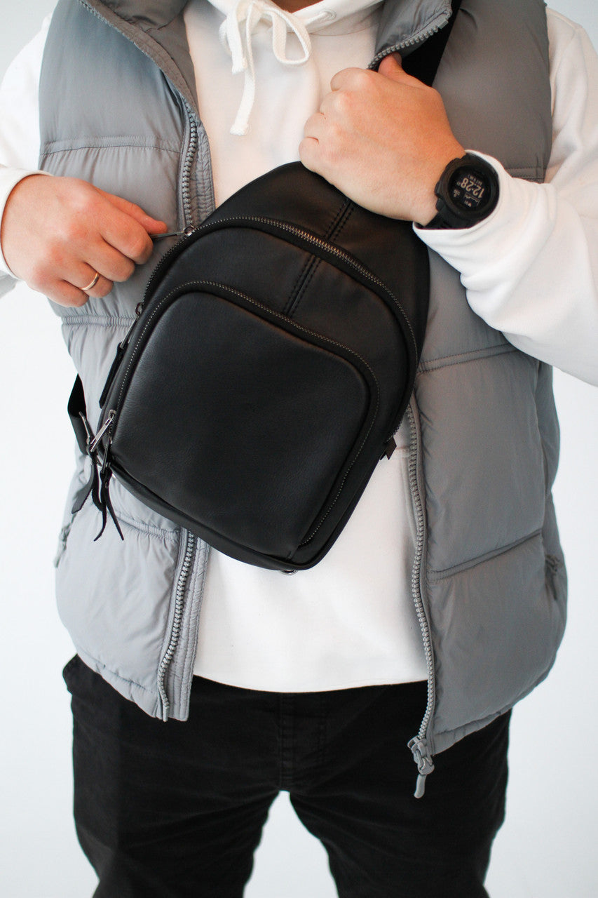 Handmade Black Genuine Leather Sling Bag Gift for Him Mens Leather Shoulder Bag