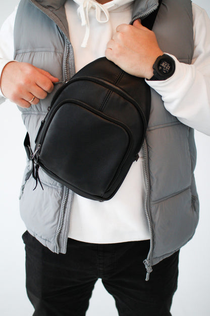 Handmade Black Genuine Leather Sling Bag Gift for Him Mens Leather Shoulder Bag