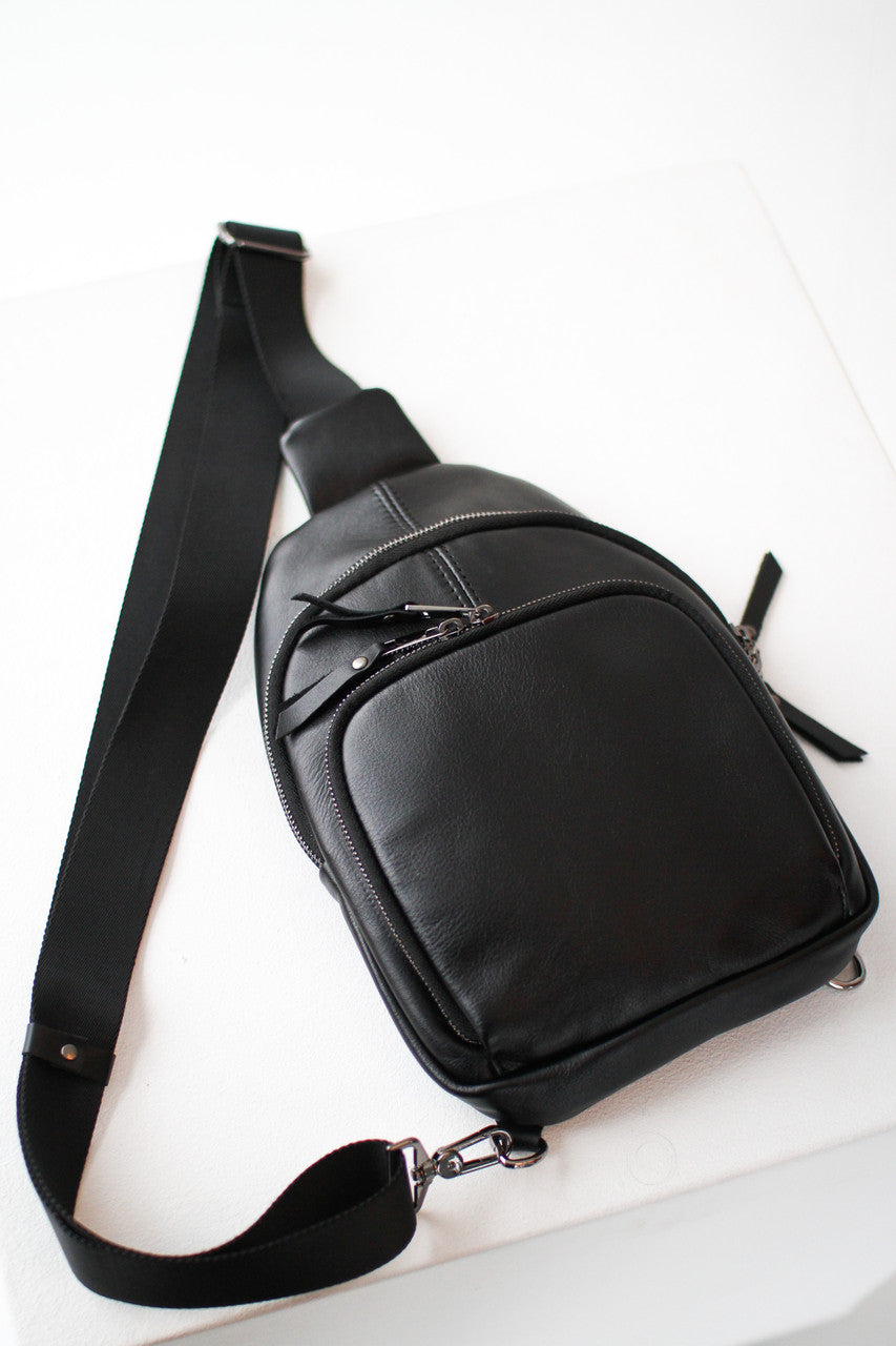 Handmade Black Genuine Leather Sling Bag Gift for Him Mens Leather Shoulder Bag