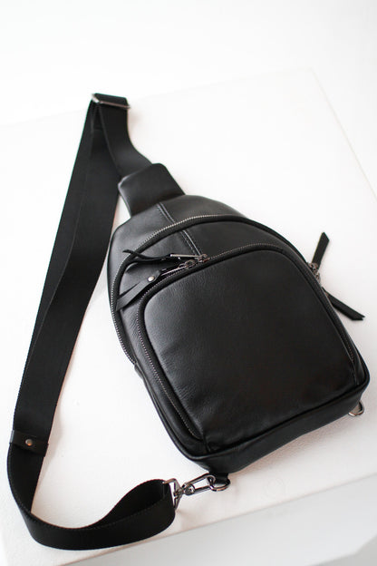 Handmade Black Genuine Leather Sling Bag Gift for Him Mens Leather Shoulder Bag