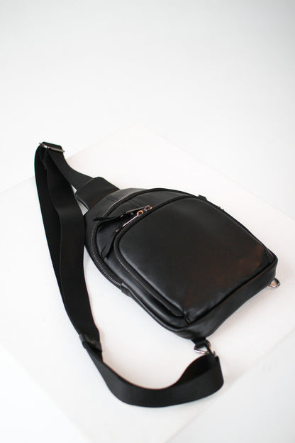 Handmade Black Genuine Leather Sling Bag Gift for Him Mens Leather Shoulder Bag