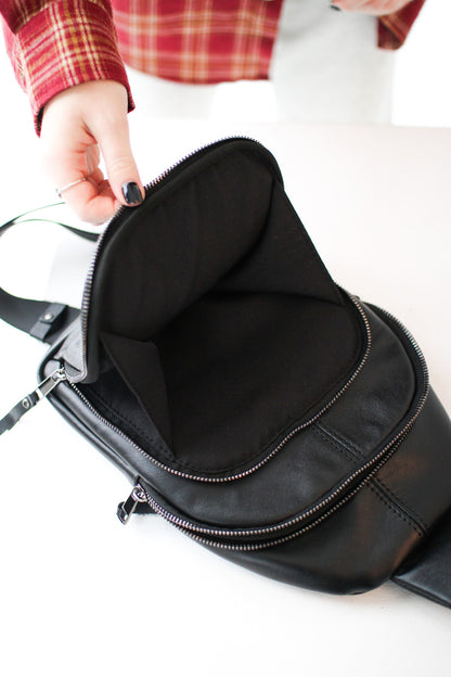 Handmade Black Genuine Leather Sling Bag Gift for Him Mens Leather Shoulder Bag