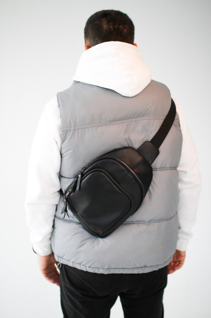 Handmade Black Genuine Leather Sling Bag Gift for Him Mens Leather Shoulder Bag