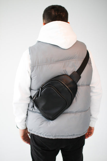 Handmade Black Genuine Leather Sling Bag Gift for Him Mens Leather Shoulder Bag