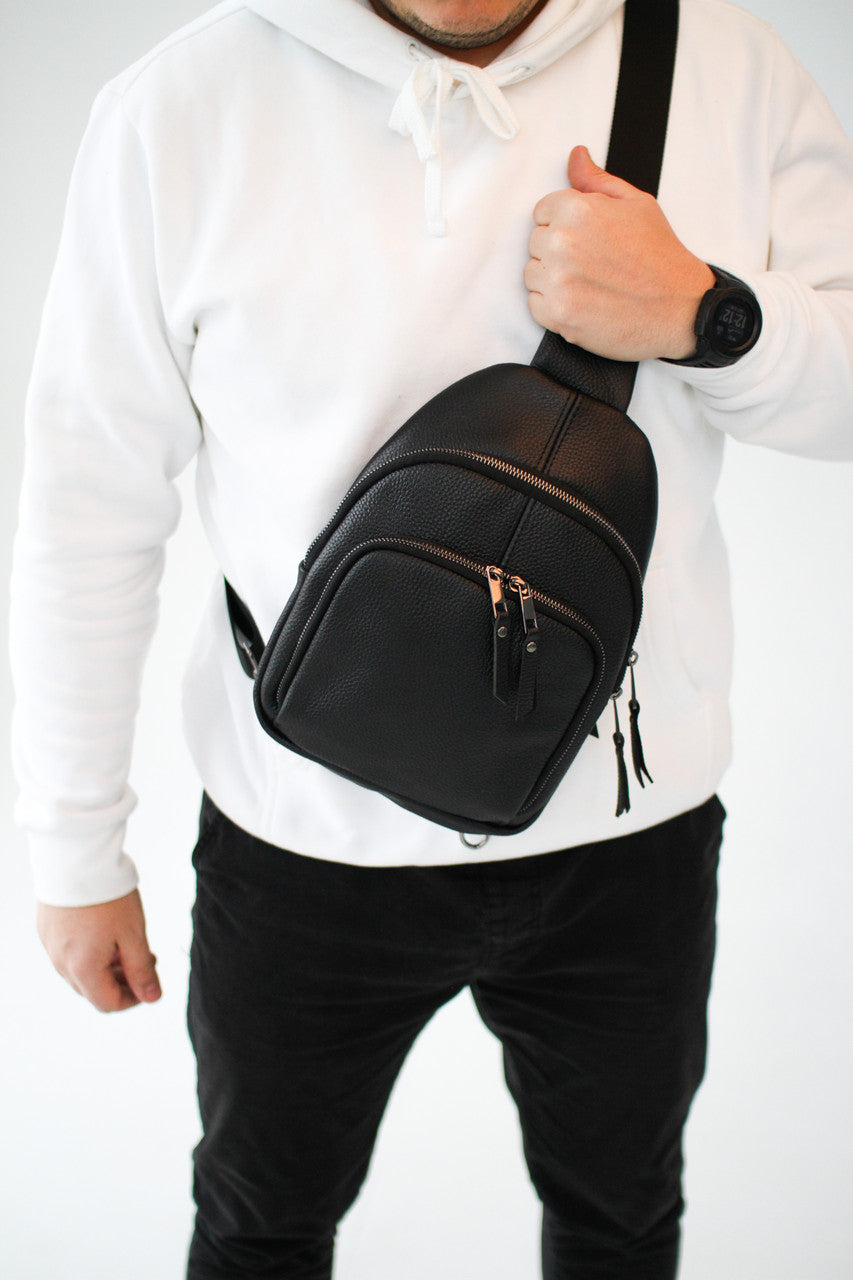 Handmade Genuine Leather Sling Shoulder Bag Black Gift For Him