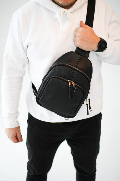Handmade Genuine Leather Sling Shoulder Bag Black Gift For Him