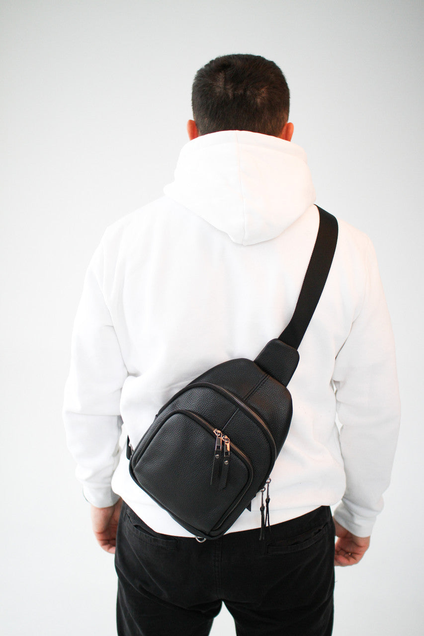 Handmade Genuine Leather Sling Shoulder Bag Black Gift For Him
