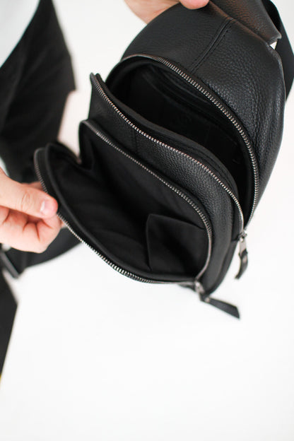 Handmade Genuine Leather Sling Shoulder Bag Black Gift For Him