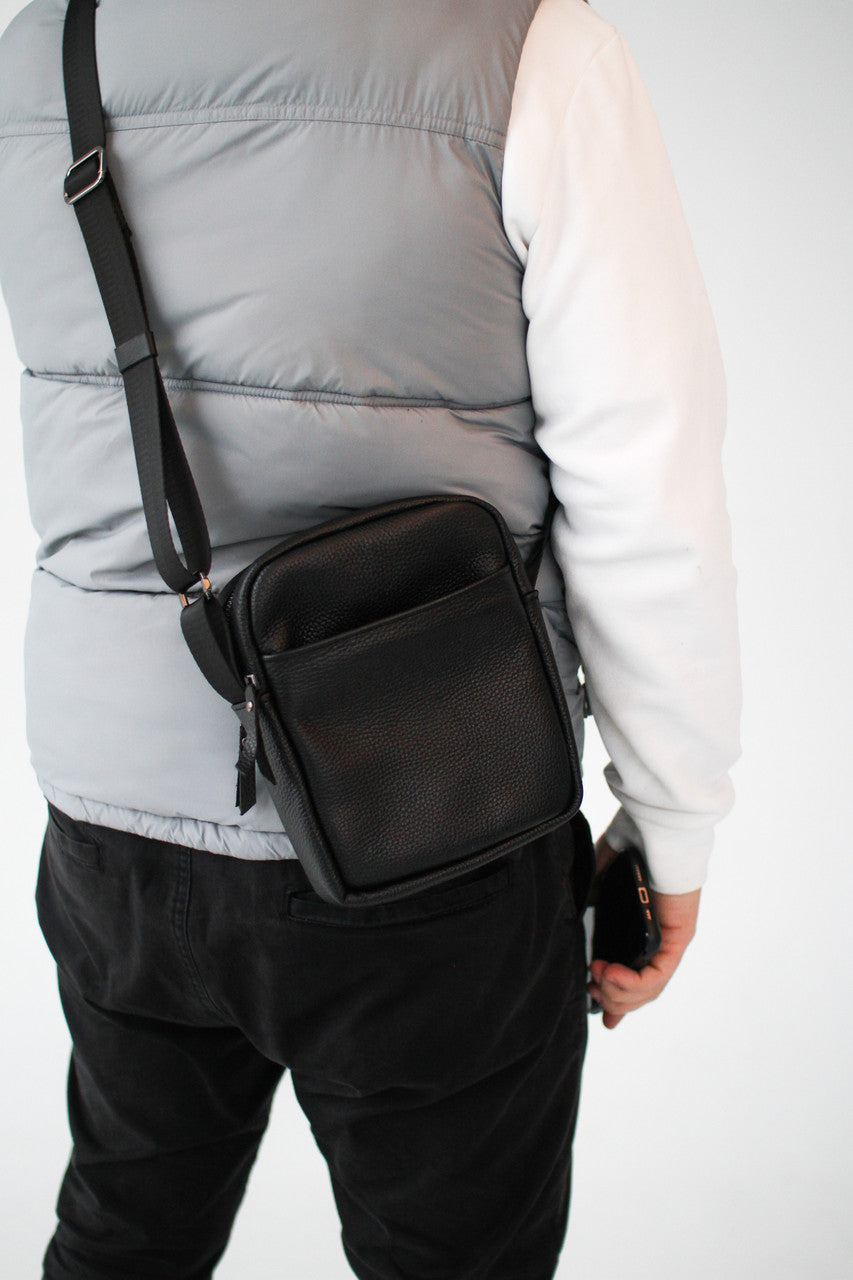 Handmade Black Leather Mens Messenger Bag Compact Crossbody Shoulder Bag