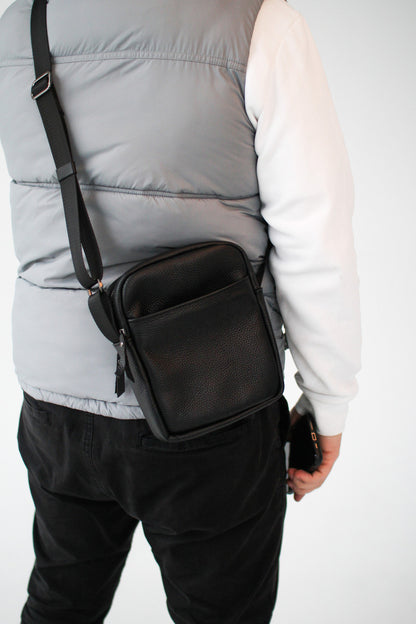 Handmade Black Leather Mens Messenger Bag Compact Crossbody Shoulder Bag