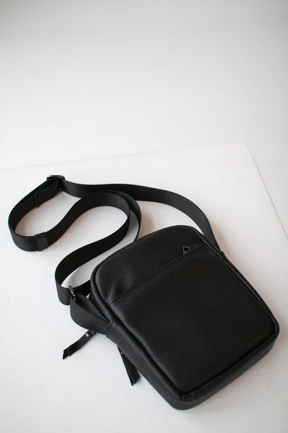 Handmade Black Leather Mens Messenger Bag Compact Crossbody Shoulder Bag Gift for Him