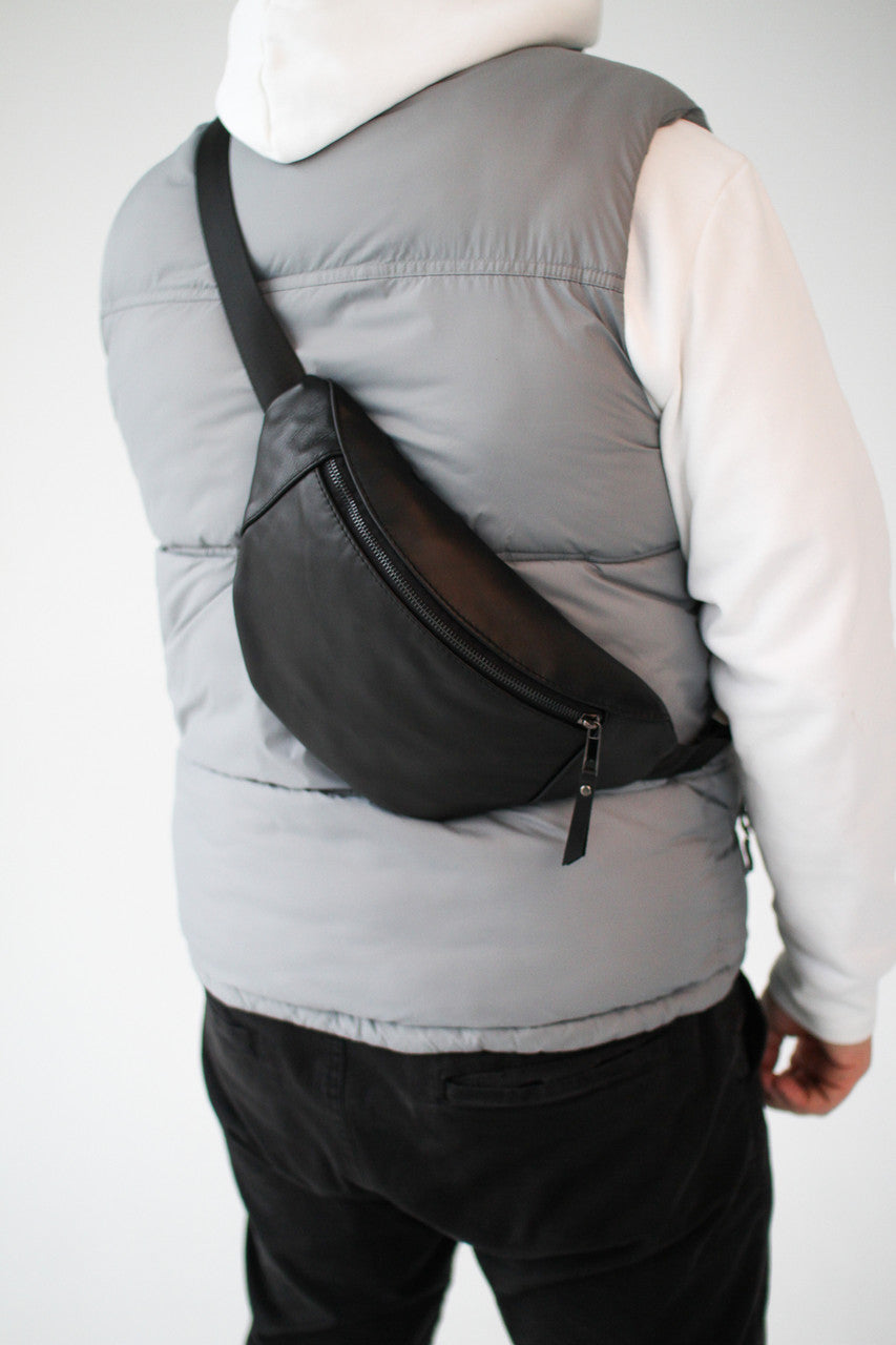 Handmade Mens Black Leather Waist Bag Banana Fanny Pack Gift for Him
