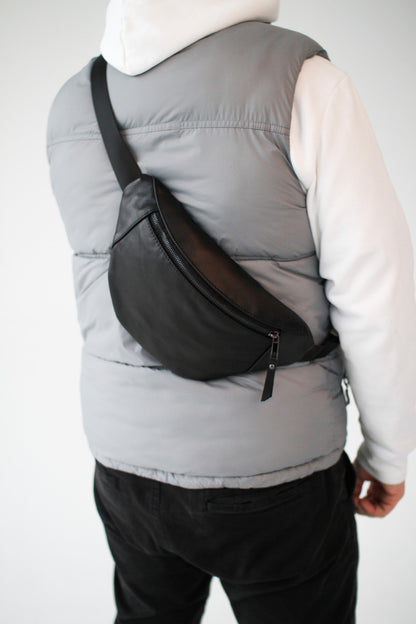 Handmade Mens Black Leather Waist Bag Banana Fanny Pack Gift for Him