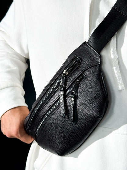 Handmade Mens Genuine Leather Banana Belt Bag Black Waist Pouch