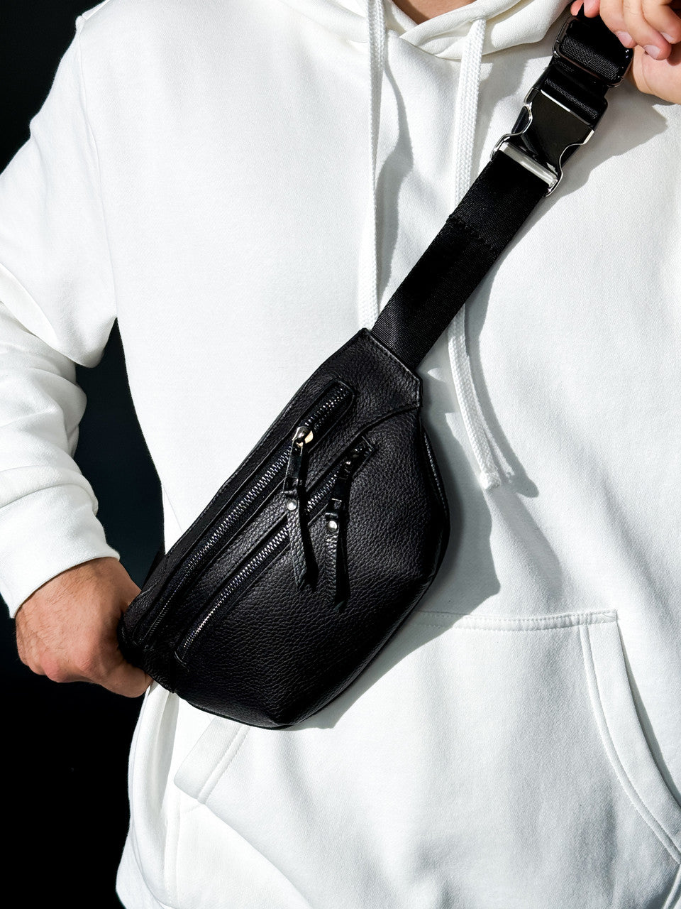 Handmade Mens Genuine Leather Banana Belt Bag Black Waist Pouch Gift for Him