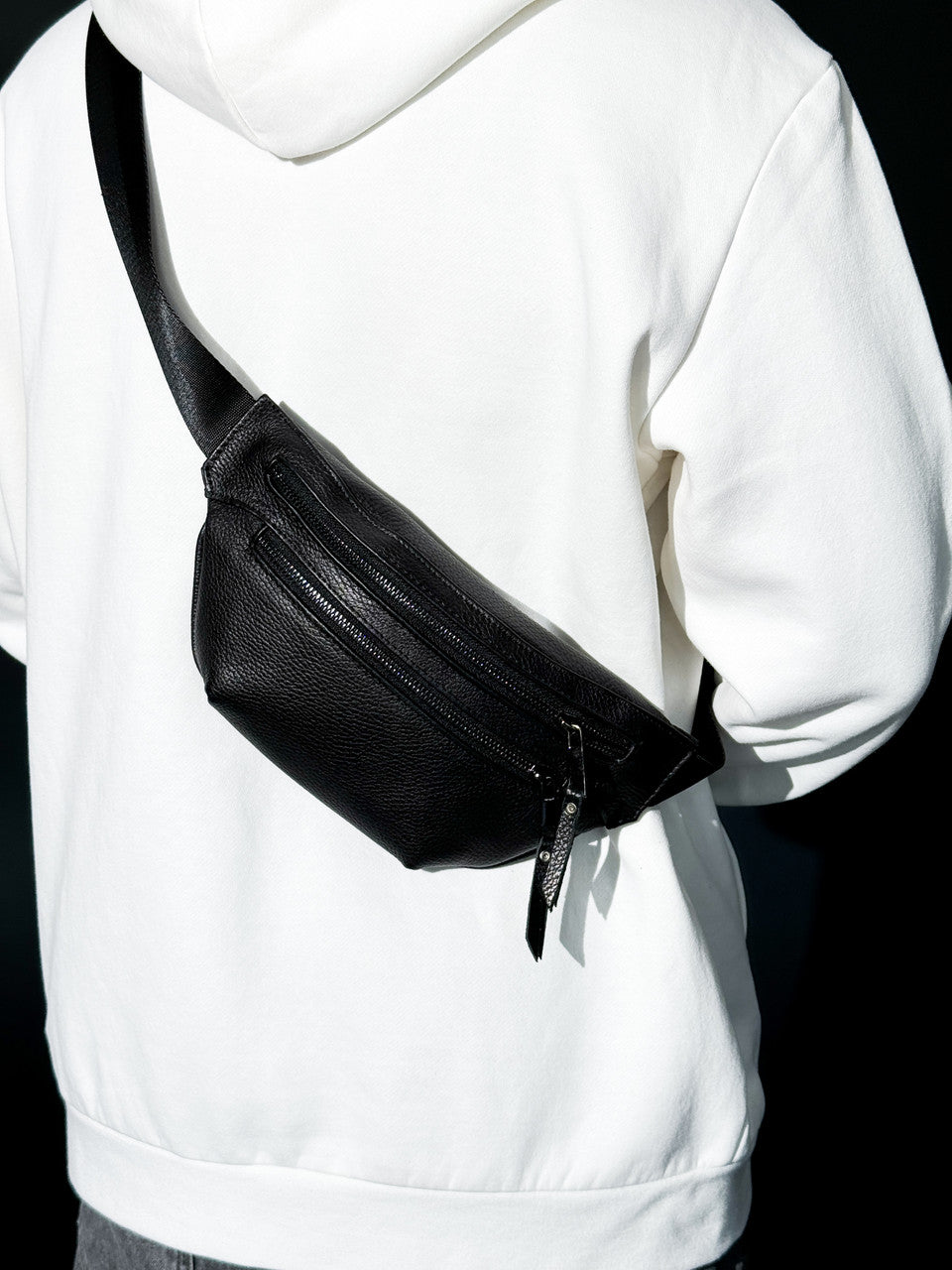 Handmade Mens Genuine Leather Banana Belt Bag Black Waist Pouch Gift for Him