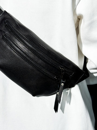 Handmade Mens Genuine Leather Banana Belt Bag Black Waist Pouch Gift for Him