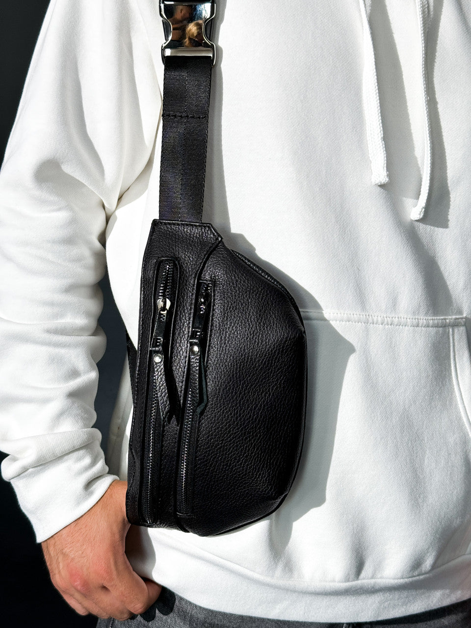 Handmade Mens Genuine Leather Banana Belt Bag Black Waist Pouch Gift for Him