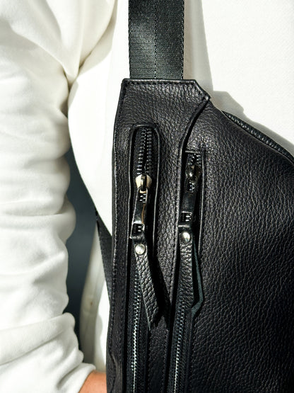 Handmade Mens Genuine Leather Banana Belt Bag Black Waist Pouch Gift for Him