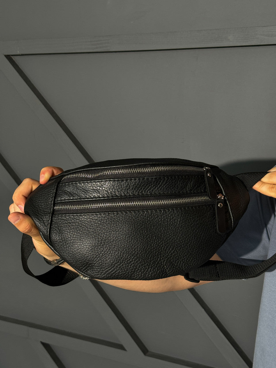 Mens Handmade Leather Banana Bag Black Waist Bag Gift For Him