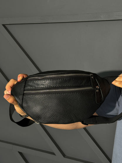Mens Handmade Leather Banana Bag Black Waist Bag Gift For Him