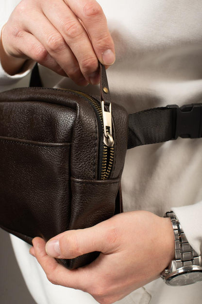 Handmade Brown Genuine Leather Crossbody Belt Bag Gift for Him