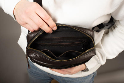 Handmade Brown Genuine Leather Crossbody Belt Bag Gift for Him