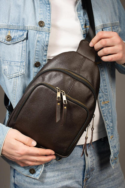 Handmade Genuine Leather Sling Shoulder Bag Brown Gift for Him